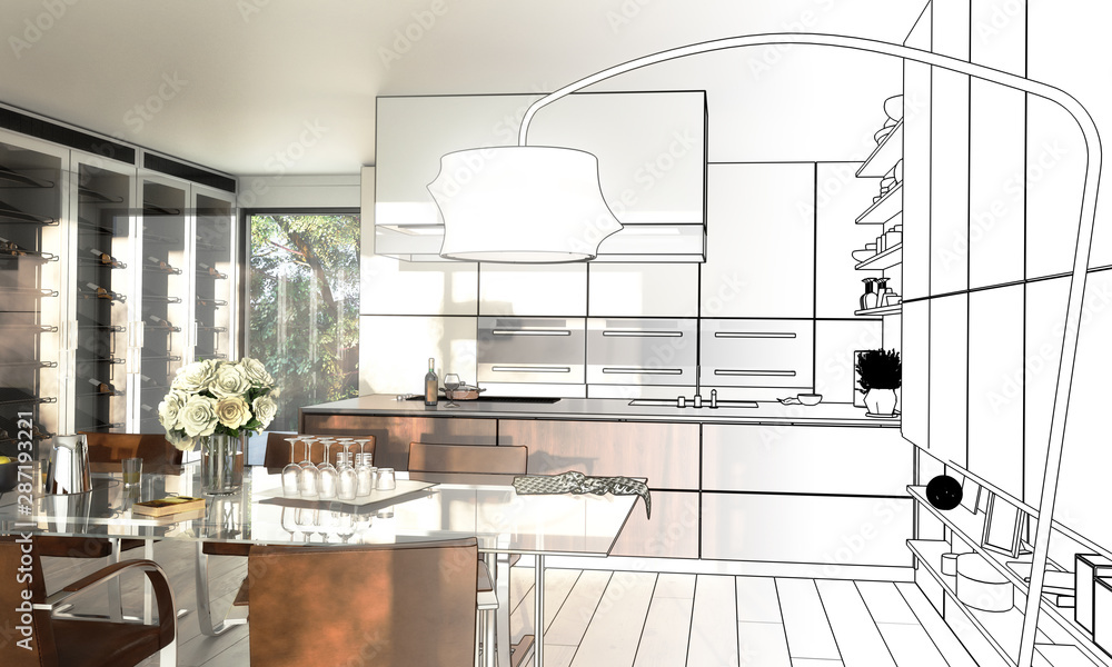 Modern Kitchen Loft (drawing) - 3d illustration Modern Kitchen Loft (drawing) - 3d illustration