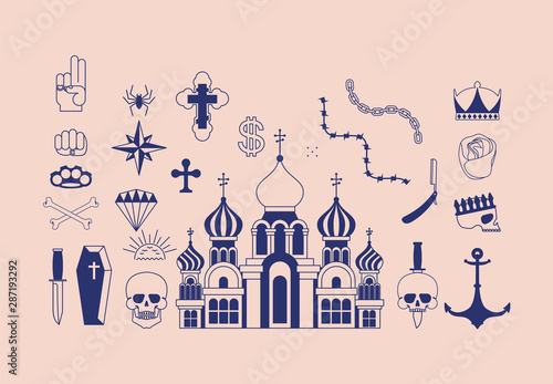 Russian prison tattoo set. Russia criminal symbol. Church and skull. Cross and chain. Barbed wire and crown. Thief stars. sign Prisoner mafia tattooing.