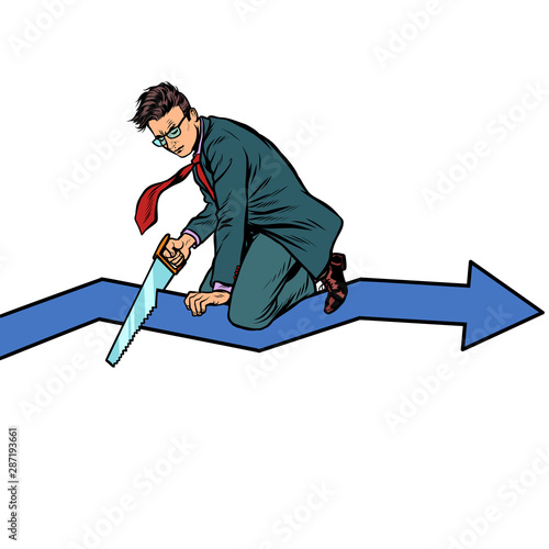 businessman sawing curve graph. self-destruction stupidity and bankruptcy. incompetence