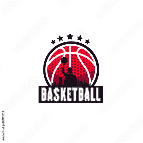 red basketball logo with player and town silhouette