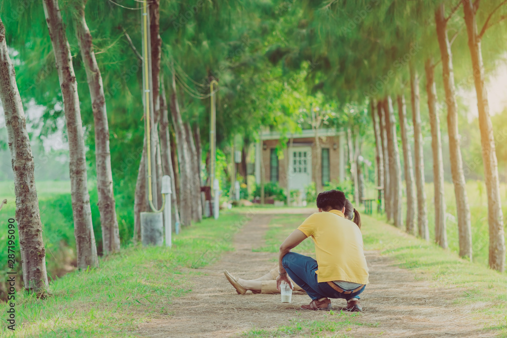 Couple walking and taking photos under the pine trees in the public park. Couple walking and taking photos under the pine trees in the public park.