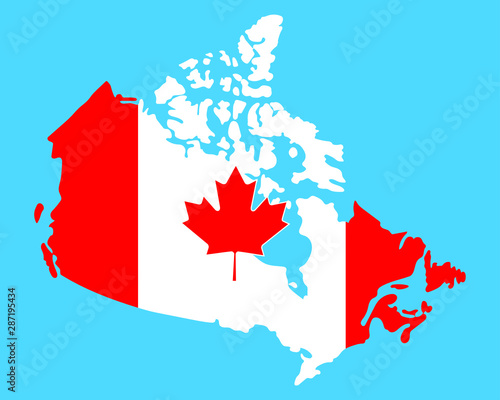 Outlined Canada map country silhouette in national Canadian flag colors and with maple leaf vector drawing template for your design.