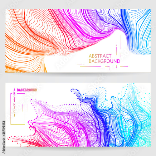 Set banners with abstract background with many wavy multicolored deformed lines and dots. photo
