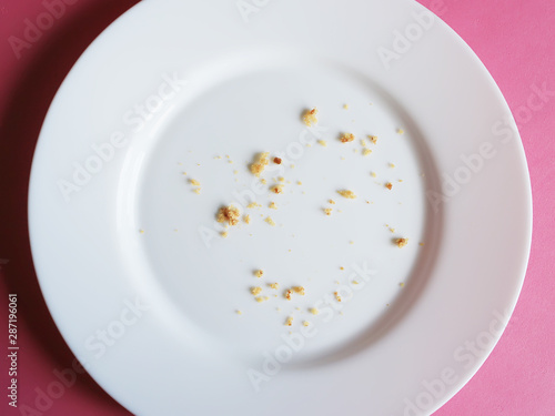 White plate with crumbs on a pink background