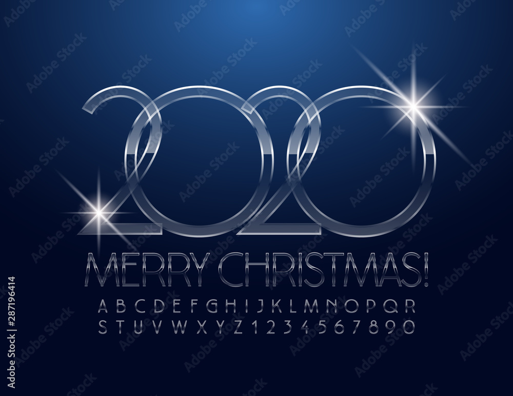 Vector chic Greeting Card Happy New Year 2020. Slim Glass Font. Elegant Alphabet set of Letters and Numbers.
