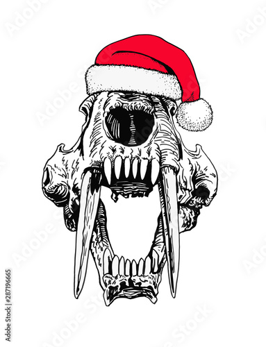 Graphical  saber-toothed tiger skull in Santa Claus hat ,vector new year illustration