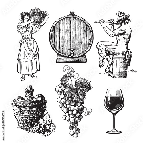 Set of hand drawn elements for wine design. Beautiful peasant woman carrying basket, bunch of grapes, Satyr, bottle demijohn, barrel. Vector illustration in vintage style on white background