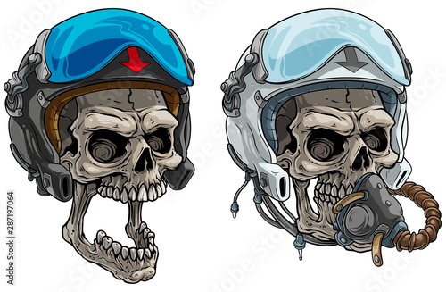 Cartoon detailed realistic colorful scary human skulls in modern aviator pilot protective helmet with open glass visor and air mask. Isolated on white background. Vector icon set.