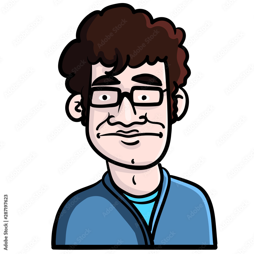Vector illustration of a young man with glasses and blue sweater looking moody and unsure. Vector illustration of a young man with glasses and blue sweater looking moody and unsure.