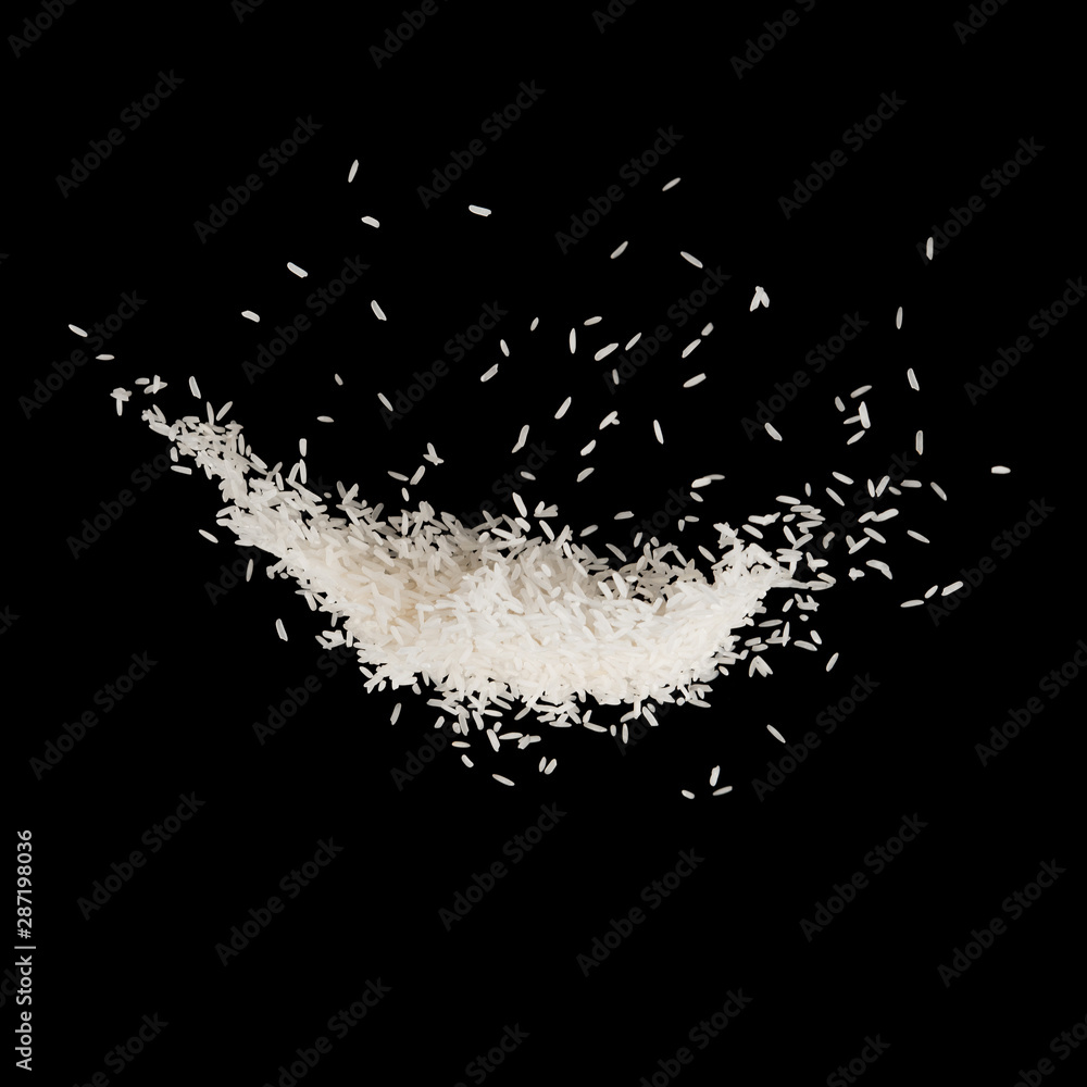 Stop motion white rice splash or explodsion flying in the air isolated on black background food object design Stop motion white rice splash or explodsion flying in the air isolated on black background food object design