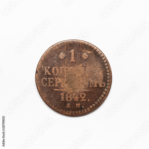 Foto Ancient Russian coin of 1842. Isolated on white background.