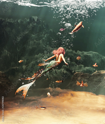 3d Fantasy mermaid in mythical sea,Fantasy fairy tale of a sea nymph,3d illustration for book cover or book illustration