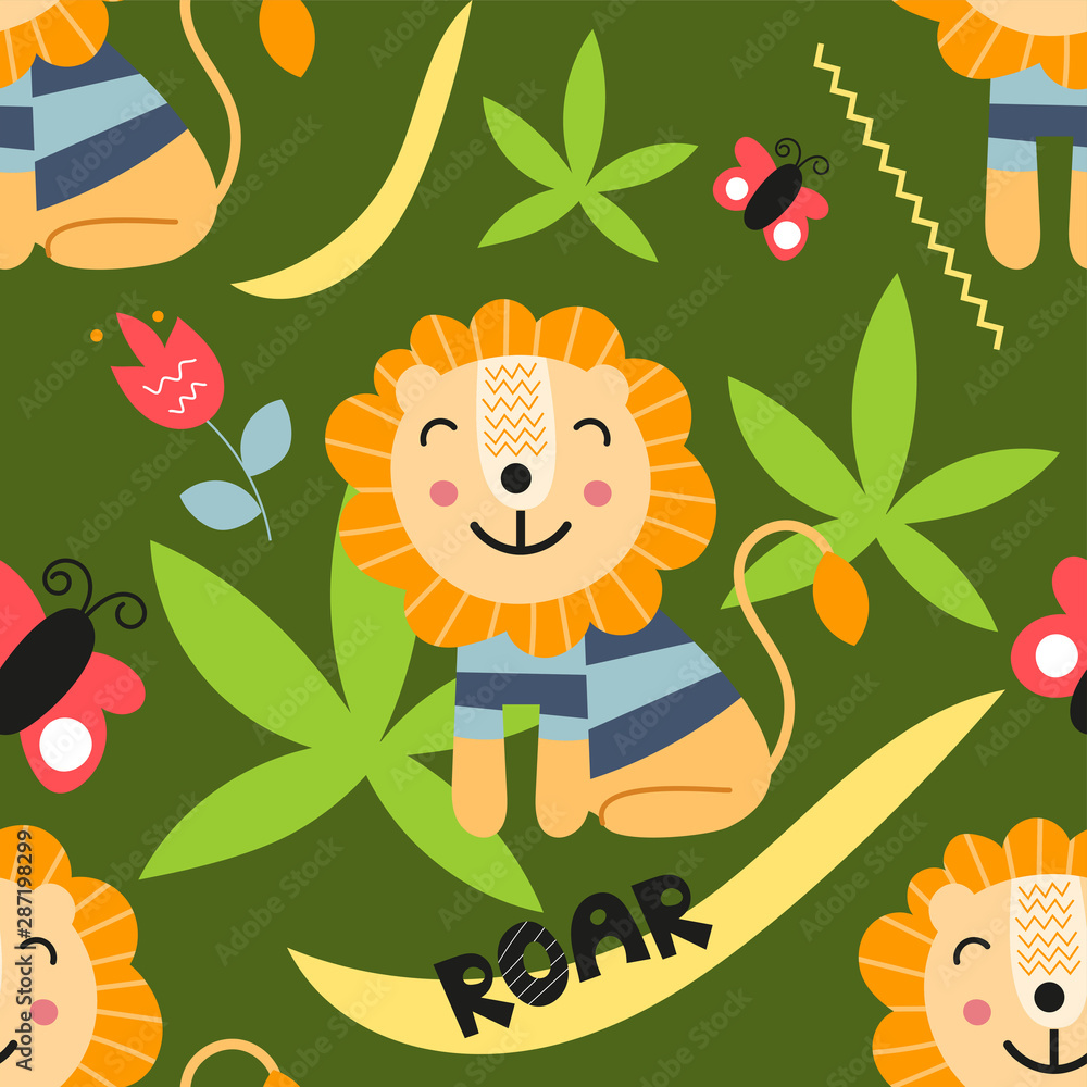 Seamless pattern with lions, text roar, flowers and butterfly in Scandinavian style. Vector Illustration. Kids illustration for nursery scandi design. Great for baby clothes, greeting card, wrapper.