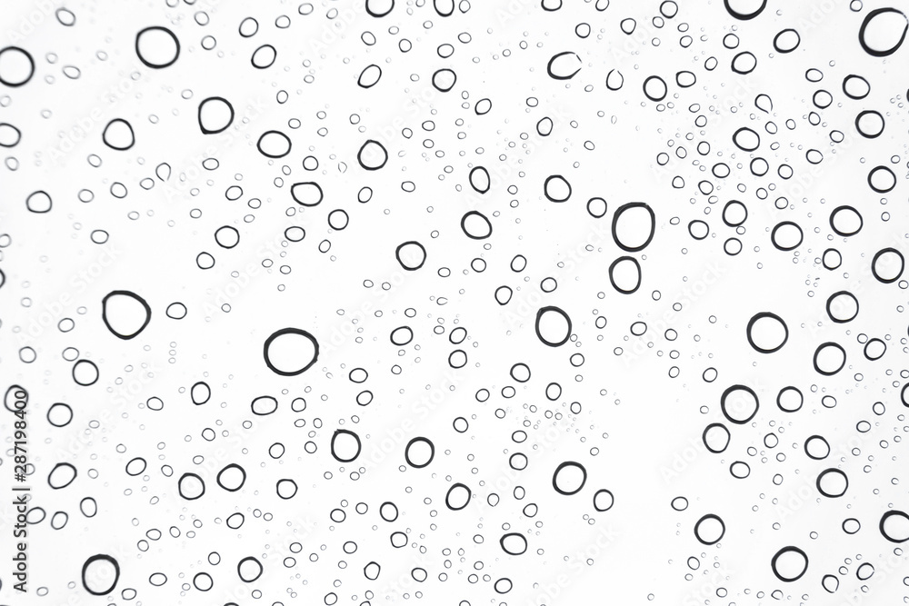 Rain drops on glasses surface background./Natural pattern of raindrops on white background.