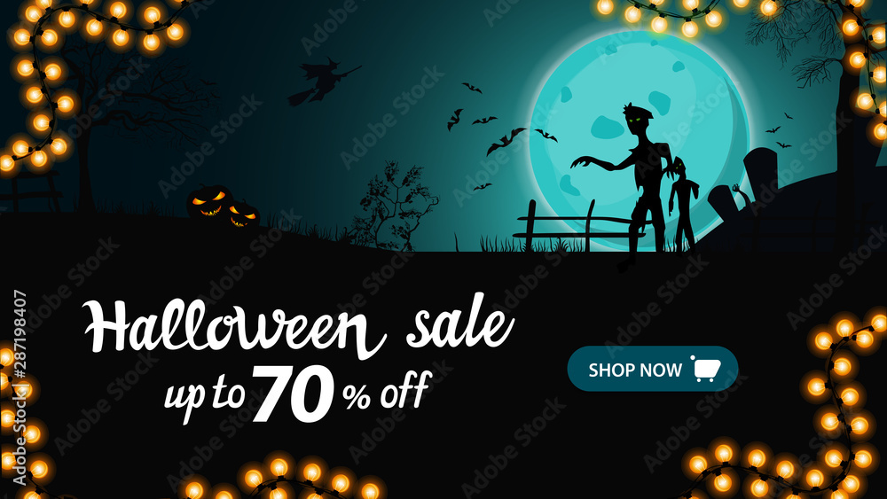 Halloween sale, up to 70% off, horizontal discount banner for your business with night landscape with big blue full moon, zombie and witches.