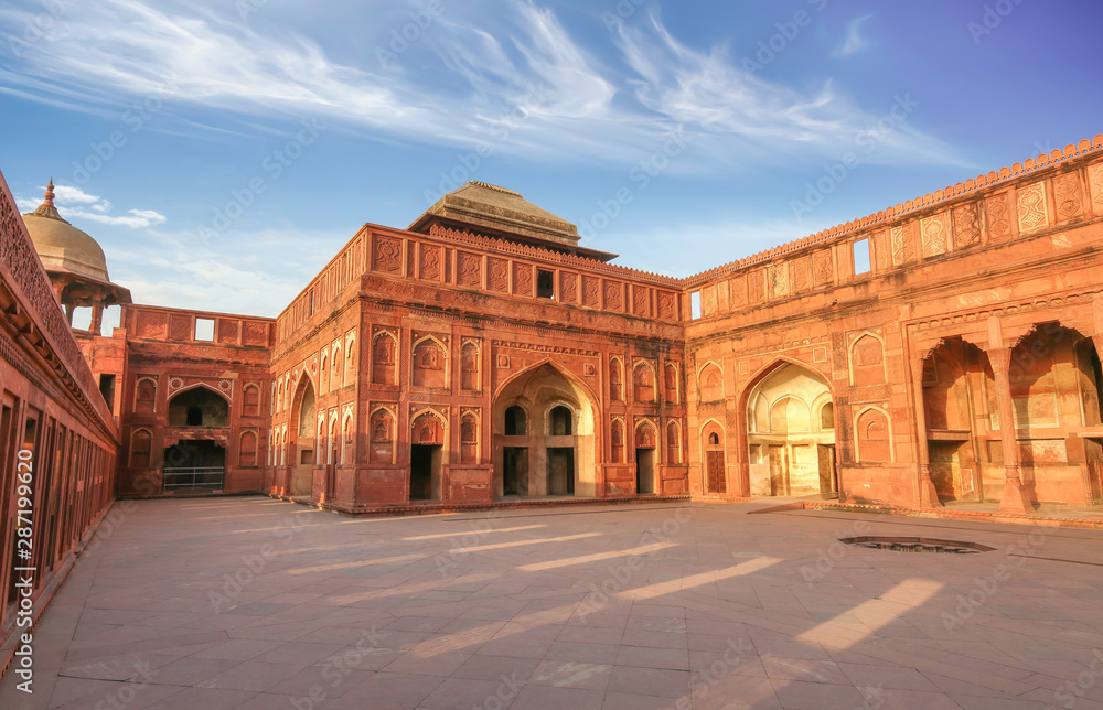 Agra Fort red sandstone medieval architecture fort with intricate carving. Agra Fort is a mughal architecture masterpiece and a UNESCO World Heritage site