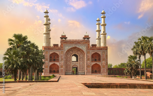 Medieval Akbar Tomb gateway made of red sandstone and marble at Sikandra Agra, India