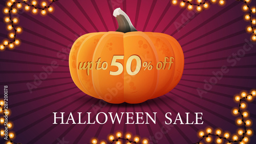Halloween sale, up to 50% off, modern discount banner with big Halloween pumpkin which cut "up to 50% off"