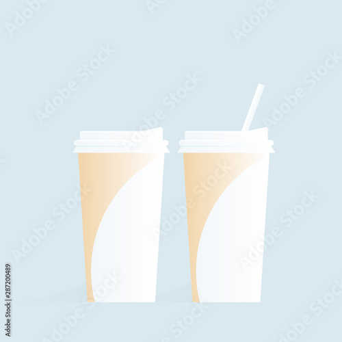 Two take away tall paper coffee cups with and without straw. Coffee shop beverage.Cup with white plastic lid.Fast food cafe element.