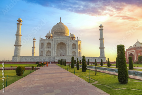 Taj Mahal Agra with moody sunrise sky. A UNESCO World Heritage site at Agra India	