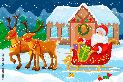 Santa Claus Gifts Sleigh Harnessed By Deer
