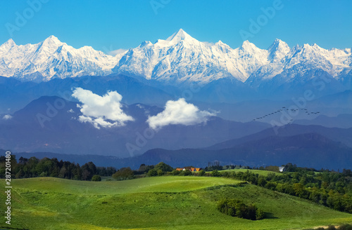 Garhwal Himalaya mountain range with scenic landscape at Binsar, Uttarakhand, India photo