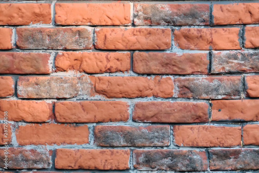 Background of shabby and dirty brickwork, copy space. Texture retro wasting away orange brick walls. Texture brick wall is red, close-up. Background of shabby and dirty brickwork, copy space. Texture retro wasting away orange brick walls. Texture brick wall is red, close-up.