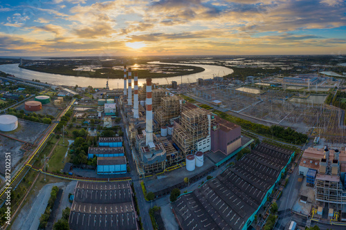 Thermal Power Plant and Natural Gas Combined Cycle Power Plant with sunset