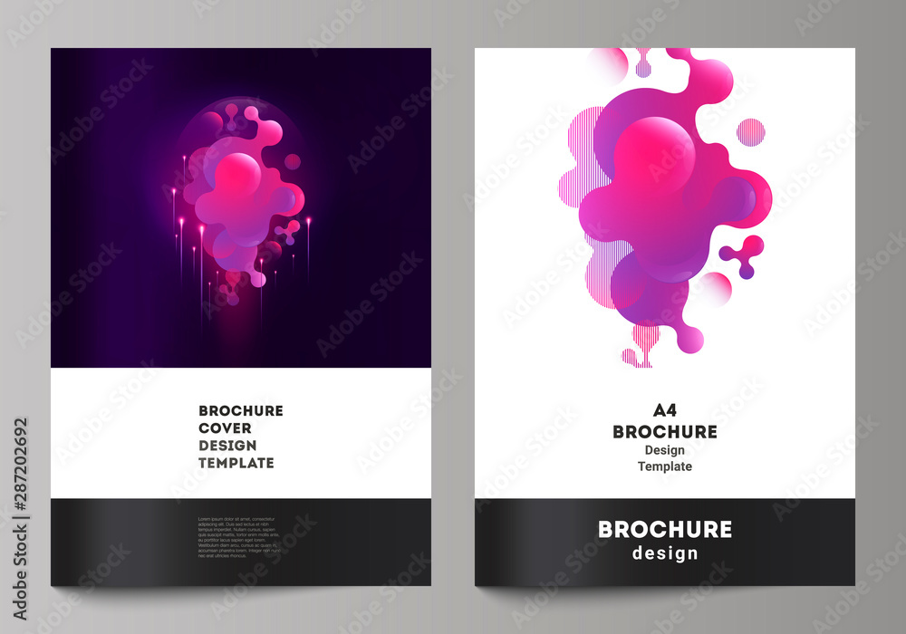 The vector layout of A4 format modern cover mockups design templates for brochure, magazine, flyer, booklet, annual report. Black background with fluid gradient, liquid pink colored geometric element.