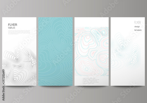 The minimalistic vector illustration of the editable layout of flyer, banner design templates. Topographic contour map, abstract monochrome background.