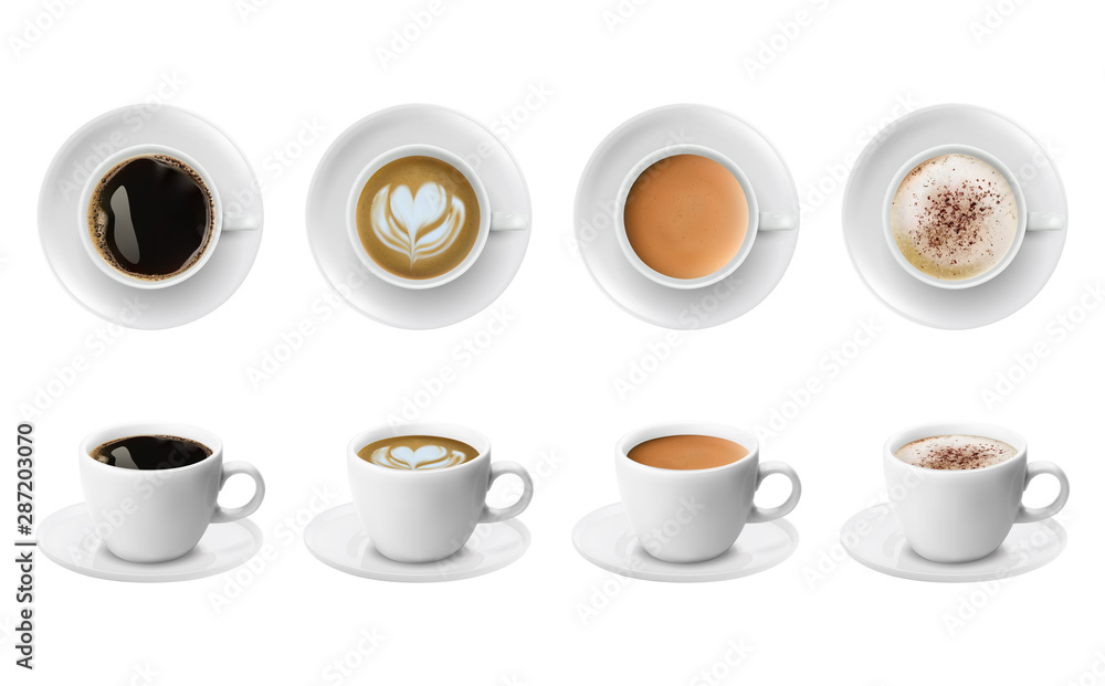Realistic Different Sorts Coffee White Cups View Top Side Latte