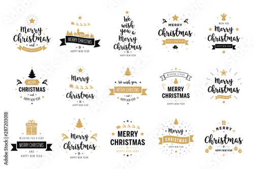 Merry Christmas. Happy New Year, typography lettering badge emblems quotes set collection. Vector logo design for postcard, invitation, greeting card,  poster