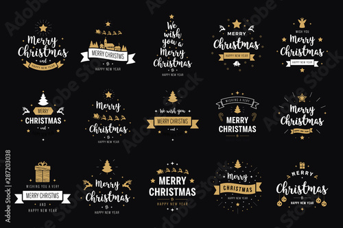 Merry Christmas. Happy New Year, typography lettering badge emblems quotes set collection. Vector logo design for postcard, invitation, greeting card,  poster
