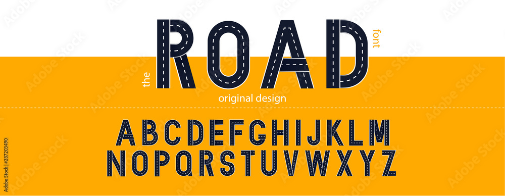 Road font. Typography design with street lines. Vector letters - obrazy, fototapety, plakaty 