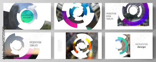 Minimalistic abstract vector illustration of editable layout of the presentation slides design business templates. Futuristic design circular pattern, circle elements forming geometric frame for photo