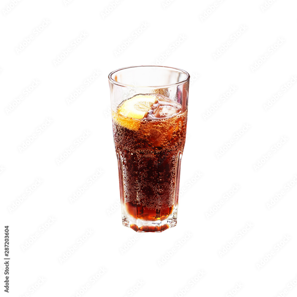 Cola soda drink glass with ice cubes and lemon slices isolated on white background Cola soda drink glass with ice cubes and lemon slices isolated on white background