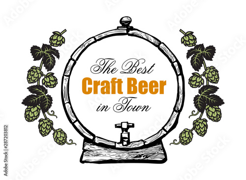 Old wooden beer barrel with text The best craft Beer in Town framed by branches of hops. Design elements for brewery, beer festival, bar, pub . Vector illustration on white background.