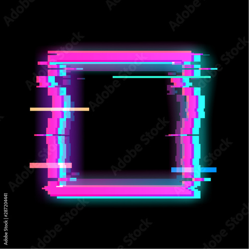 Colorful glitch square geometric shape, frame with neon glitch effect