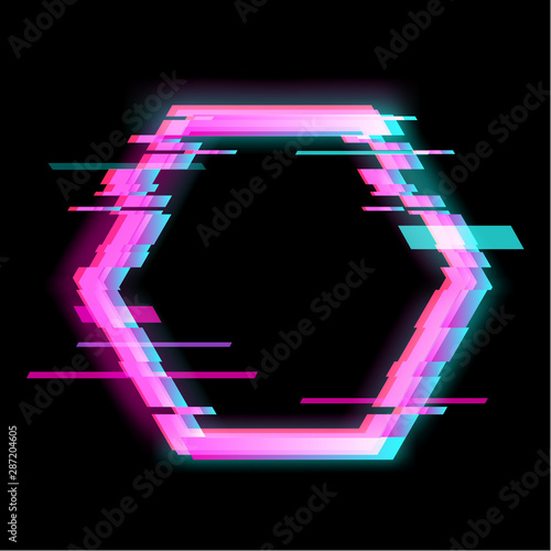Colorful glitch hexagon geometric shape, frame with neon glitch effect