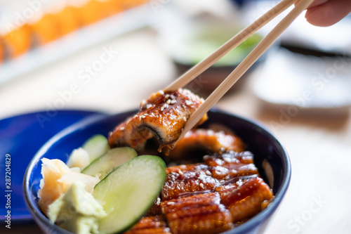 Unagi donburi (Unadon), Charcoal grilled eel over rice, Japanese food.