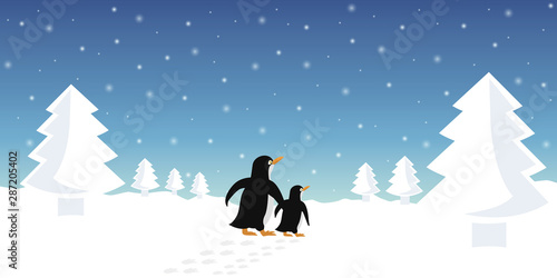 two penguins in winter snowy landscape vector illustration EPS10