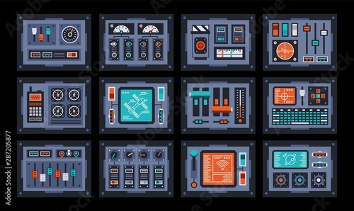 Control panels set. Devices from the control room of the spacecraft. Vector illustration.