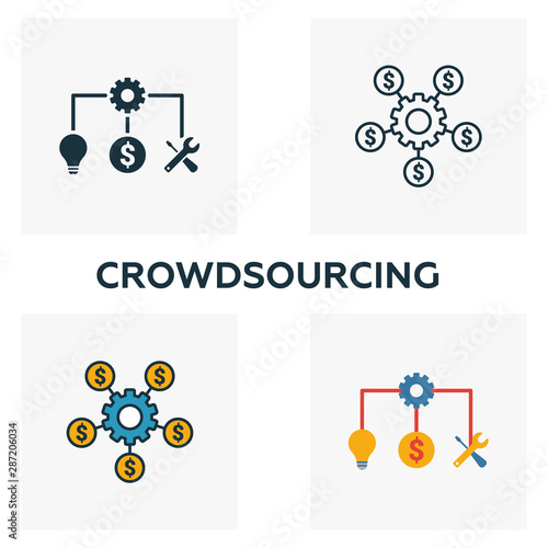 Crowdsourcing icon set. Four elements in diferent styles from content icons collection. Creative crowdsourcing icons filled, outline, colored and flat symbols