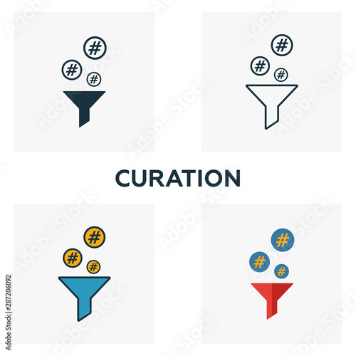 Curation icon set. Four elements in diferent styles from content icons collection. Creative curation icons filled, outline, colored and flat symbols
