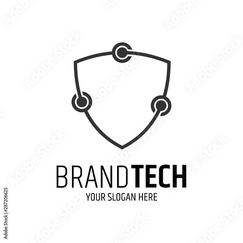 shield technology logo template ready for use, connection dots electronic icon, line art style, simple internet protection design, digital security symbol