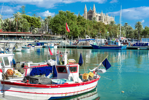 Billede på lærred At the fishing port of Palma de Mallorca with the cathedral La Seu