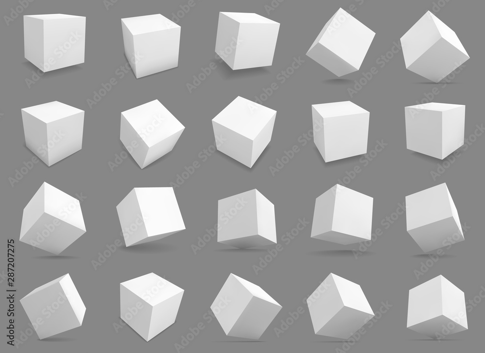 3d cubes. White blocks with different lighting and shadows, boxes in perspective. Abstract geometric square shapes vector collection 3d cubes. White blocks with different lighting and shadows, boxes in perspective. Abstract geometric square shapes vector collection
