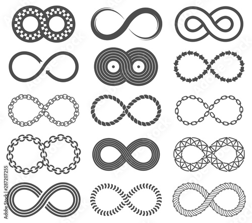 Infinity symbols. Mobius loop shape, unlimited and forever signs. Abstract motion, identity and eight shaped isolated vector logos
