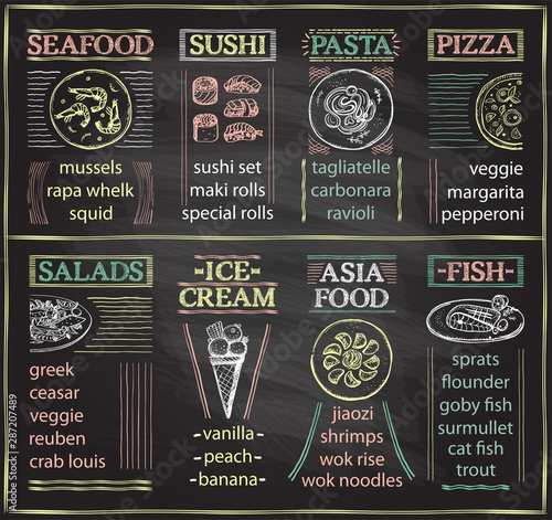 Chalkboard cafe menu with seafood, sushi, pasta, pizza, salads, ice-cream, asia food and fish dish
