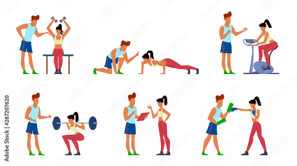 Fitness trainer. Gymnastics exercising in gym with instructor, active sport woman, athletic training men jogging, cartoon vector set